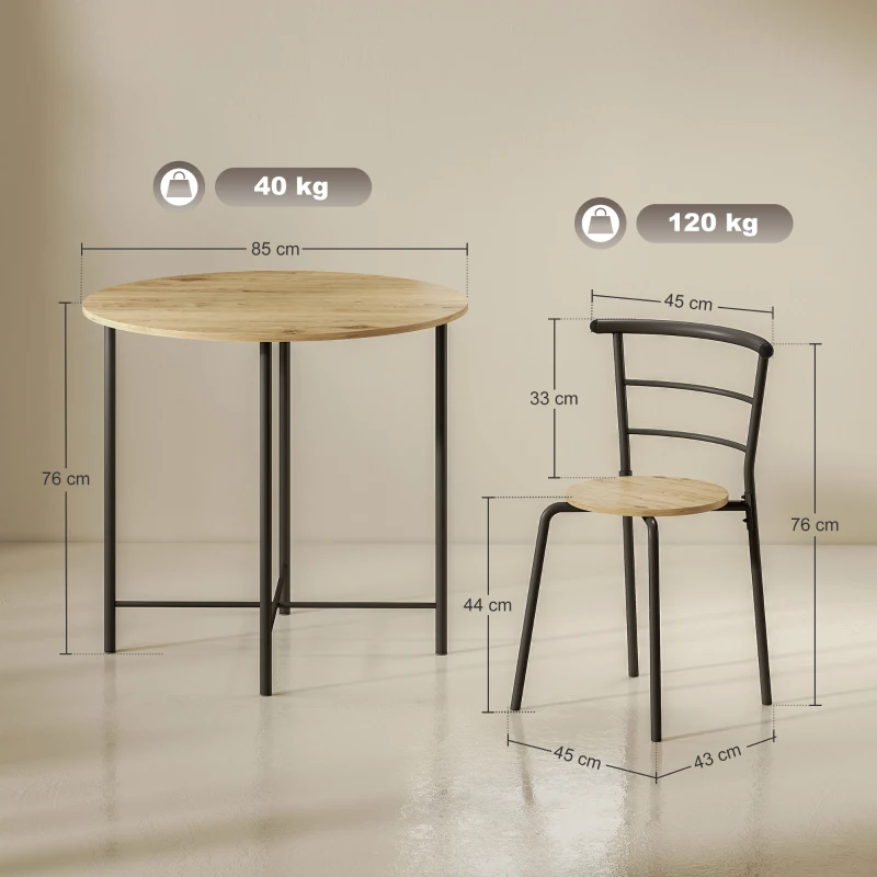 HOMCOM Set Tavolo da Pranzo Rotondo con 4 Sedie Salvaspazio in Legno e Metallo Stile Industriale