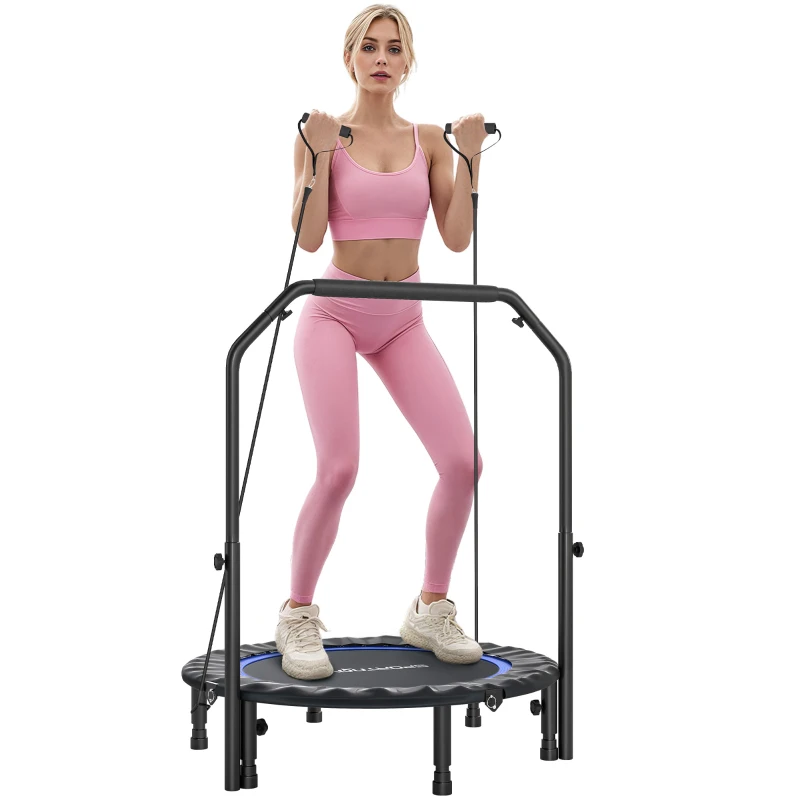 SPORTNOW Trampolim de Fitness Ø102 cm Dobrável com Guiador Ajustável de 4 Níveis e Bandas para Treino de Pernas e Corpo Azul