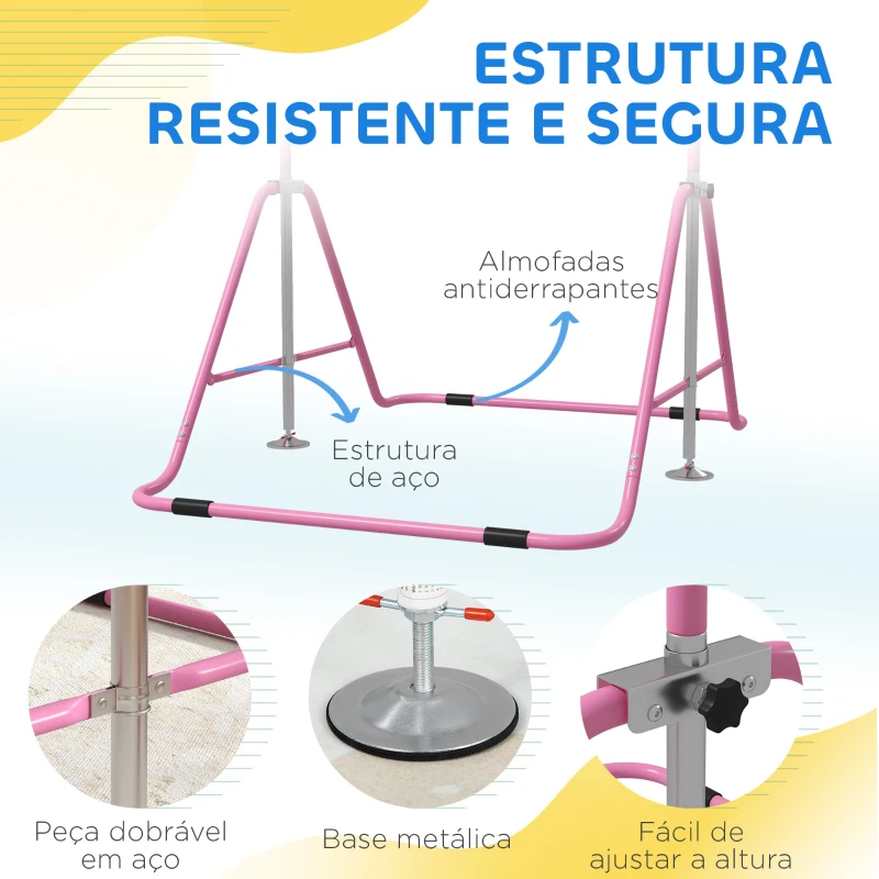 HOMCOM Barra de Ginástica para Crianças Dobrável com Altura Ajustável para Treino em Casa 154x106,2x88,5-128,5 cm Rosa
