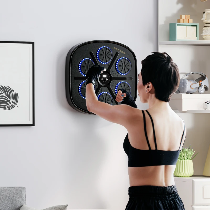 SPORTNOW Máquina de Boxe Musical com 9 Modos de Velocidade Luvas e Conexão Bluetooth Luzes LED 41,8x44,6x7,5 cm Preto