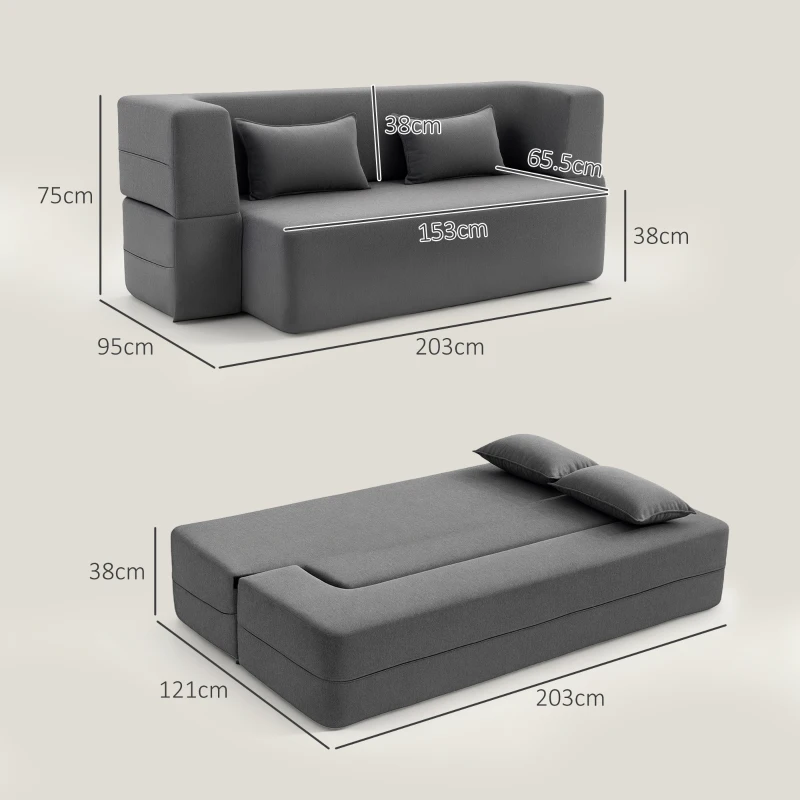 HOMCOM 2-Seater Foam Sleeper Sofa, Sofa Bed with Wide Armrests, 2 Cushions, 360 kg Load Capacity, Gray