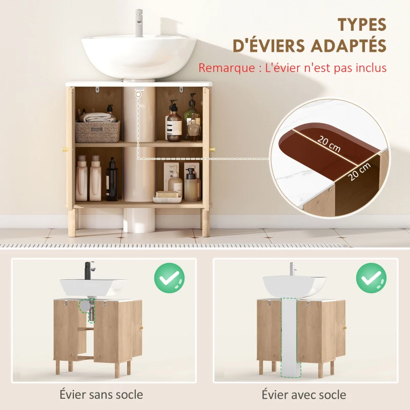 HOMCOM Meuble sous lavabo meuble de salle de bain sous vasque étagère réglable plan de toilette effet marbre 60x30x63cm chêne