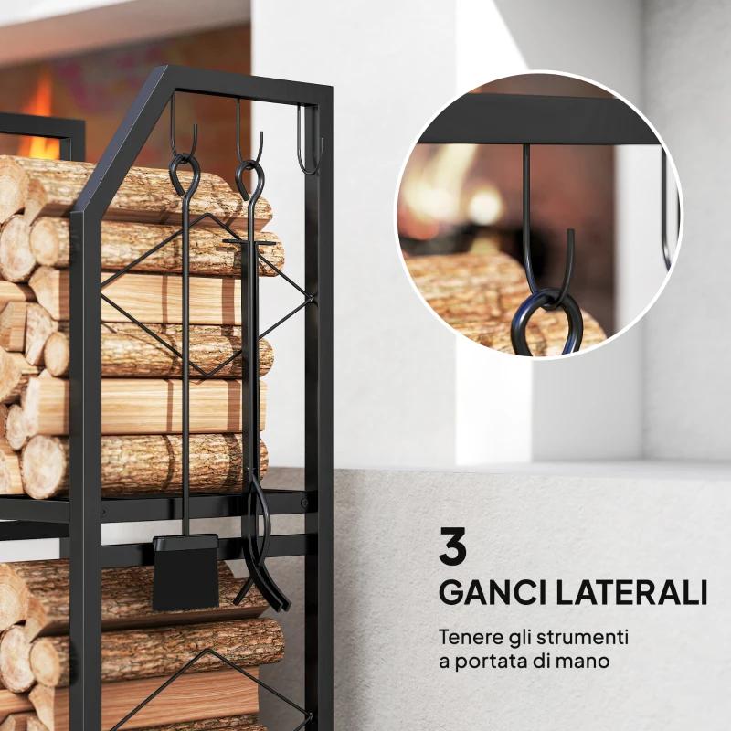 Outsunny Portalegna da Esterno e Interno a 2 Livelli con 3 Ganci Laterali in Acciaio, 41x30x81 cm, Nero