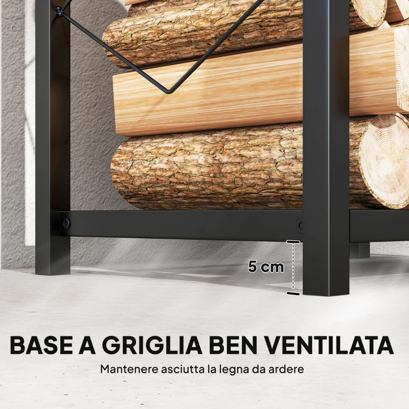 Outsunny Portalegna da Esterno e Interno a 2 Livelli con 3 Ganci Laterali in Acciaio, 41x30x81 cm, Nero