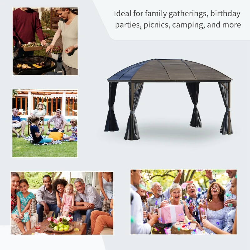 Outsunny 3 x 4m Hardtop Gazebo Canopy with Metal Roof, Aluminium Gazebo Permanent Pavilion with Netting and Curtains, Dark Grey