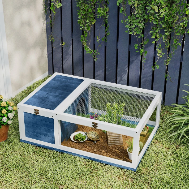 PawHut Houten schildpaddenhuis schildpaddenverblijf met hoofdverblijf en opklapbare bovenkant 91x60,5x32 cm, Blauw(m-10)