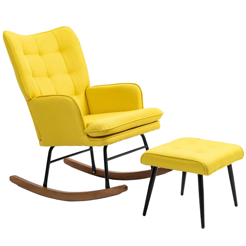 HOMCOM Schaukelstuhl mit Ottomane Skandidesign Schaukelstuhl mit Fußhocker, Buchenholz, Steppung, 64 cm x 89 cm x 90 cm Gelb