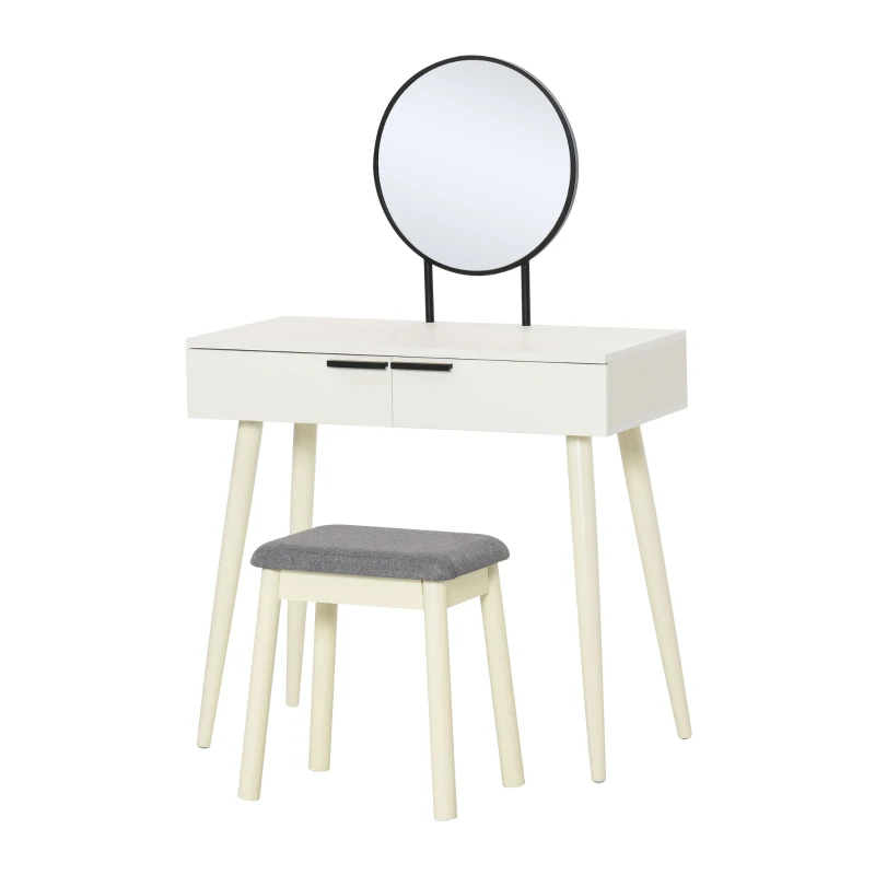 HOMCOM Dressing Table with Mirror and Stool, Vanity Makeup Desk Set with 2 Drawers, Cushioned Stool and Make-up Organiser for Bedroom and Dressing Room, 80 x 40 x 123 cm, White