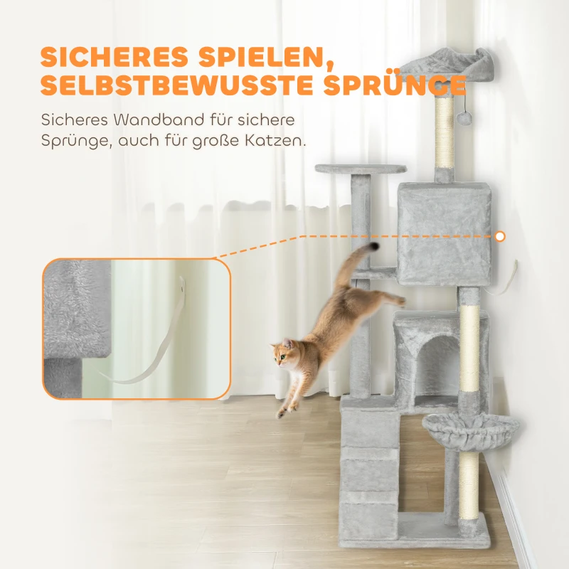 PawHut Drapak 160 cm, wielopoziomowy, słupy z sizalu, kryjówki, pluszowe platformy, hamak, drabinka, piłeczki do zabawy