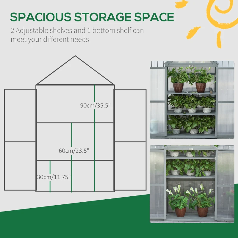 Outsunny 80 x 47 x 138cm Garden Cold Frame with Adjustable Shelves, Polycarbonate Greenhouse with Double Doors, Openable Top Covers, Grow House for Flower Vegetable Plants, Grey