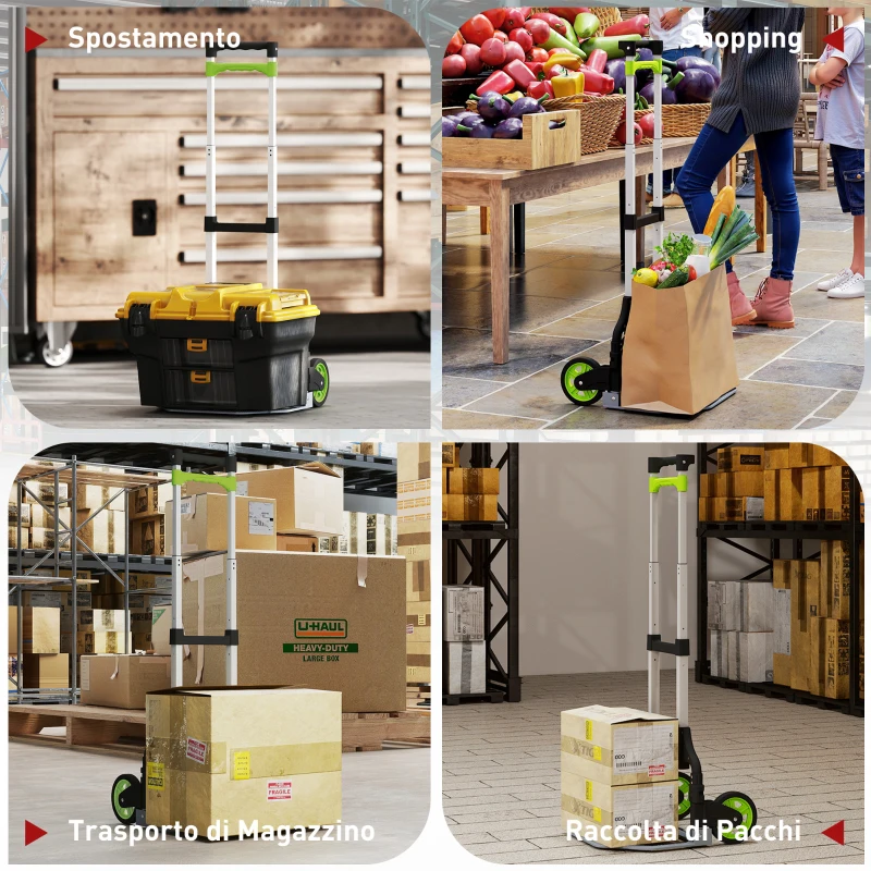 HOMCOM Carrello Portapacchi Pieghevole Capacità 70 kg con Maniglia Telescopica in Alluminio, Argento