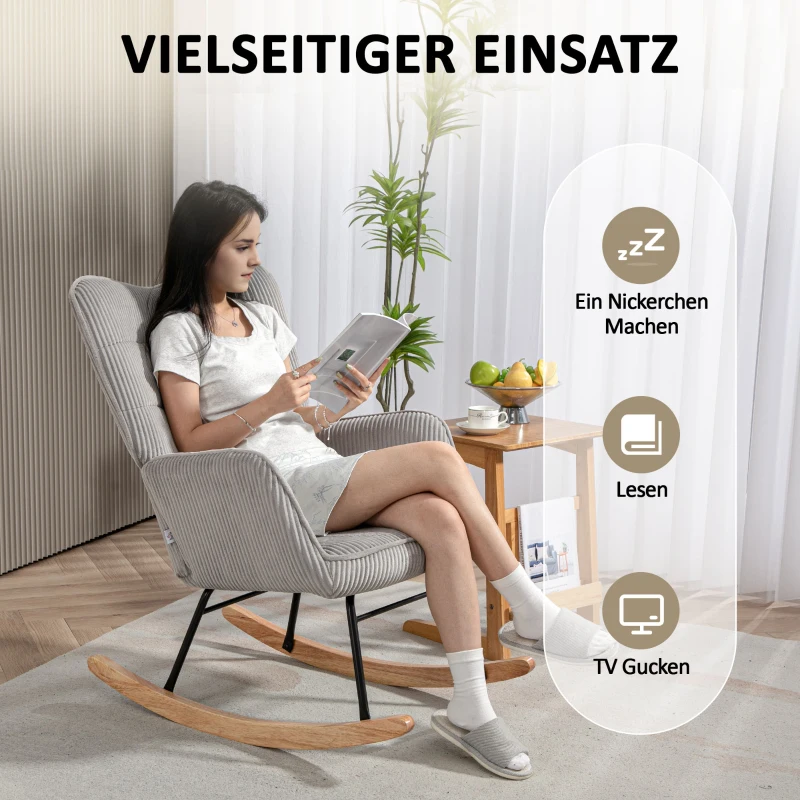 HOMCOM Vintage Schaukelstuhl, geschwungene Kufen, dicke Polsterung, Buchenholz & Stahl, Hellgrau
