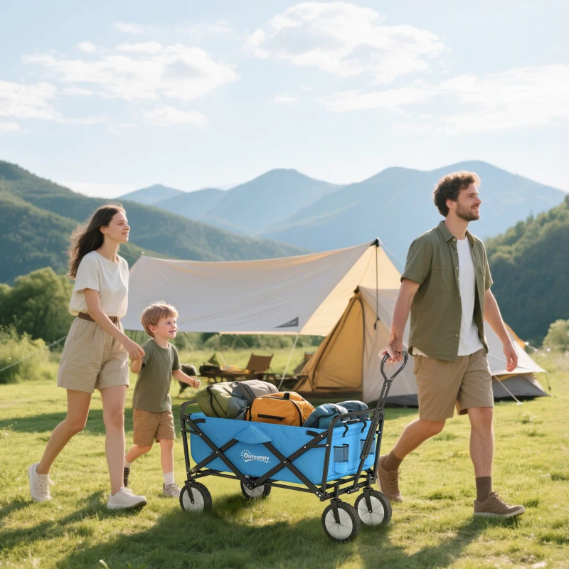 Outsunny 90L Folding Garden Trolley Cart Pull Along Wagon with Telescopic Handle for Beach Camping Festival - Blue