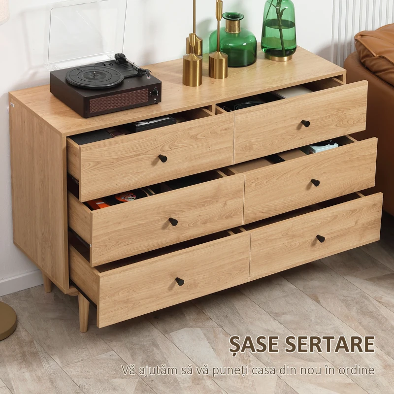 HOMCOM Comodă 6 sertare mobilier de depozitare picioare din lemn masiv 120 x 40 x 80 cm culoare lemn