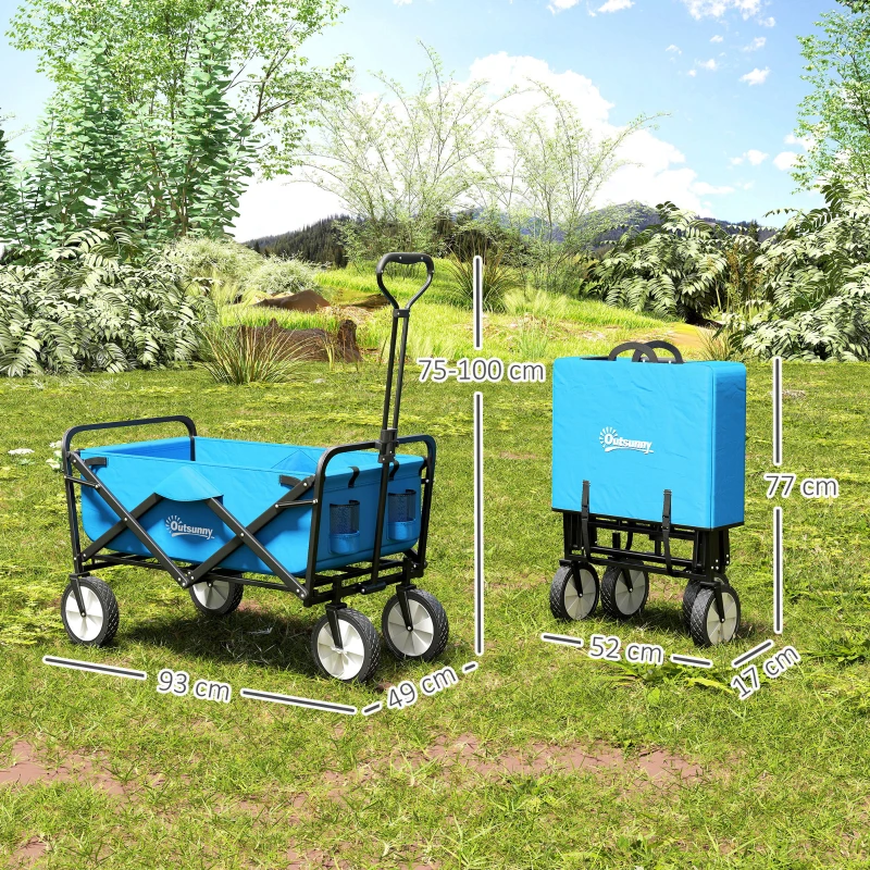 Outsunny 90L Folding Garden Trolley Cart Pull Along Wagon with Telescopic Handle for Beach Camping Festival - Blue