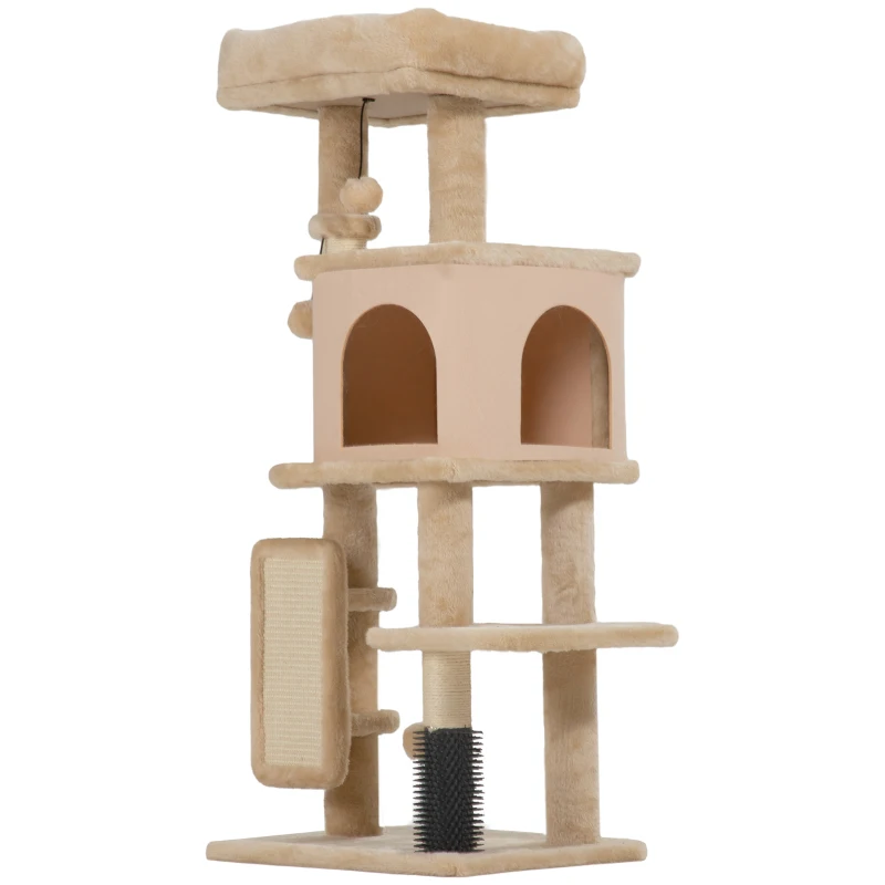 PawHut Arbre à Chats Multiniveaux H.104 cm avec Maisonnette, Couchage, Poteaux Griffoirs, Brosse et Balle, Beige