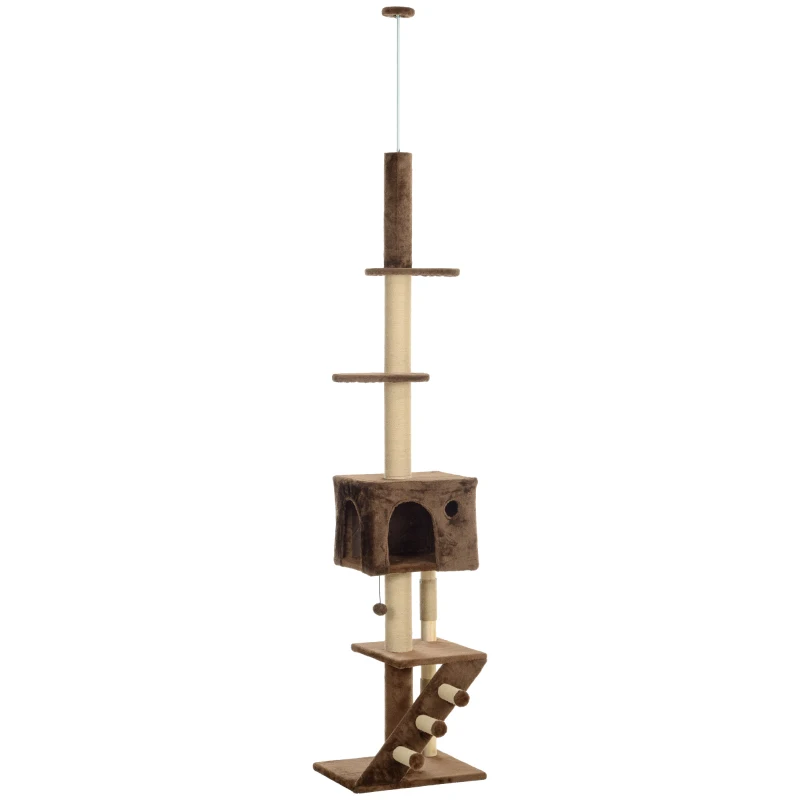 PawHut Kratzbaum, deckenhoch, verstellbar 225-265cm, mit Katzenhöhle, Leiter, Plattformen, Plüsch, Braun