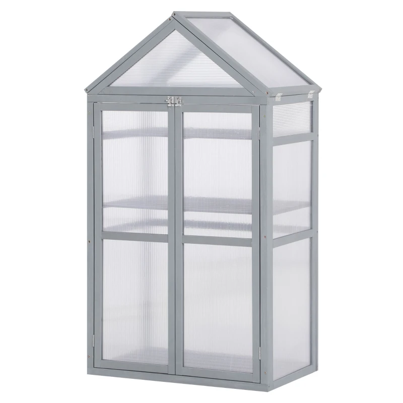 Outsunny 80 x 47 x 138cm Garden Cold Frame with Adjustable Shelves, Polycarbonate Greenhouse with Double Doors, Openable Top Covers, Grow House for Flower Vegetable Plants, Grey