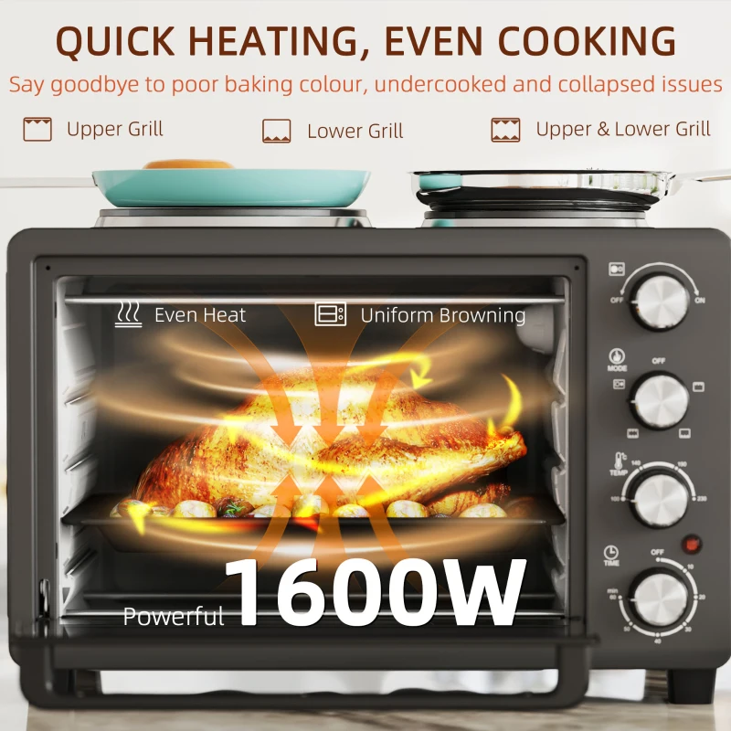 HOMCOM 28L Mini Oven with 2 Hot Plates, Countertop Toaster Oven, Grill, Roast, Bake, Boil, with Timer, Adjustable Temperature, Electric Oven with Baking Tray, Grill Rack, Crumb Tray, 2600W, Black