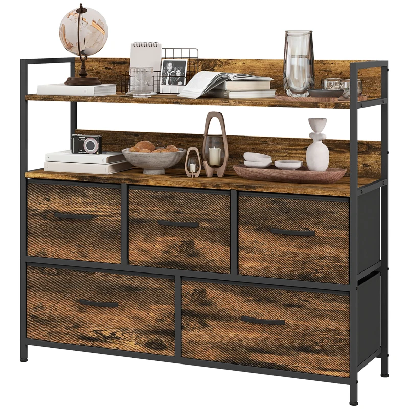 HOMCOM Commode, meuble de rangement, 5 tiroirs en tissu pliables et amovibles et étagères, 98 x 29 x 85 cm, brun rustique