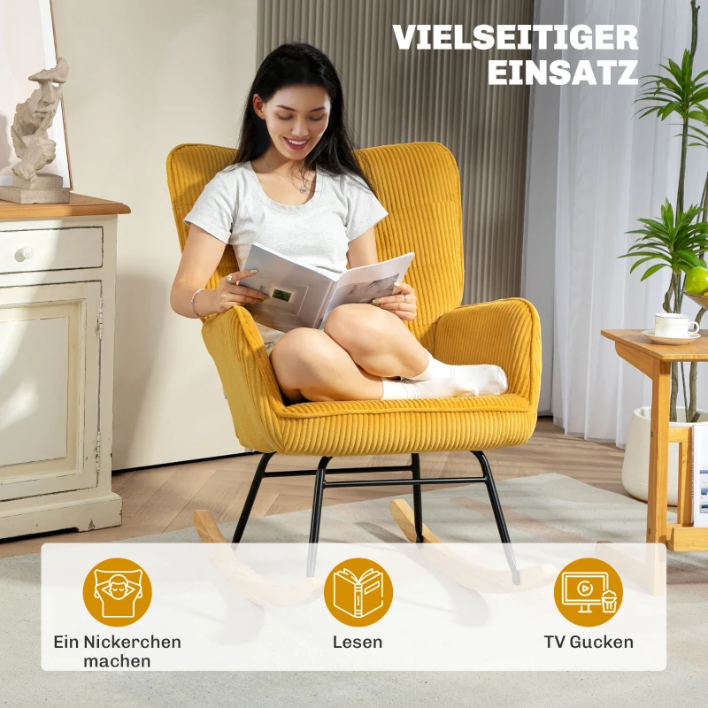 HOMCOM Vintage Schaukelstuhl, geschwungene Kufen, dicke Polsterung, Buchenholz & Stahl, Gelb