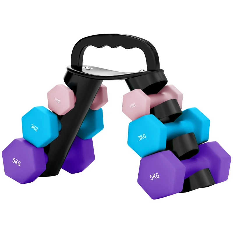 SPORTNOW Lot d'haltères hexagonaux, haltères musculation, 2 x 1 kg, 2 x 3 kg, 2 x 5 kg, avec support convertible d'haltères