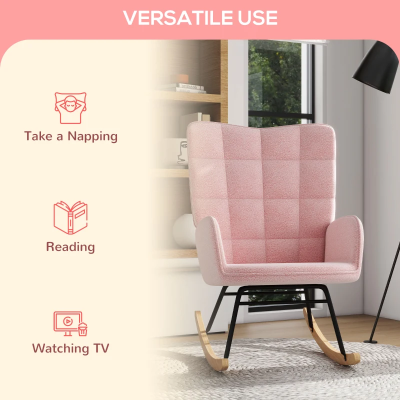 HOMCOM Accent Rocking Chair, Berber Fleece Nursery Glider Rocker, Modern Armchair, Wingback Chair for Living Room and Bedroom, Pink