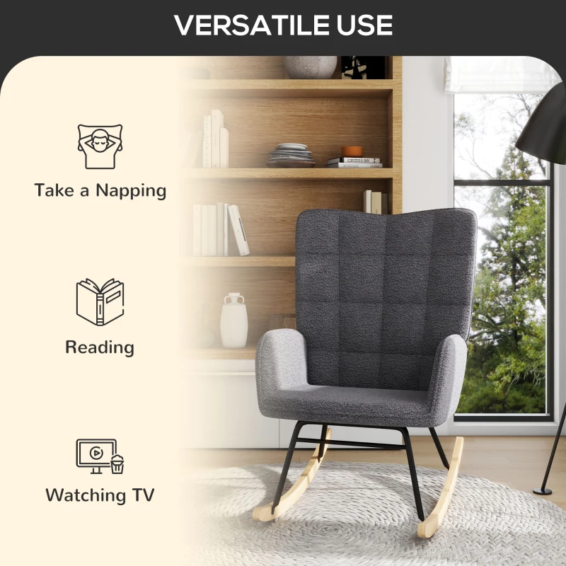 HOMCOM Accent Rocking Chair, Upholstered Berber Fleece Nursery Glider Rocker, Modern Armchair, Wingback Chair for Living Room and Bedroom, Dark Grey(m-6)