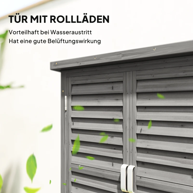 Outsunny Gartenschrank Holz Gerätehaus Geräteschuppen Geräteschrank Holzhütte Pultdach Bitumenpappe Lamellentüren Grau 87 x 46,5 x 96,5 cm