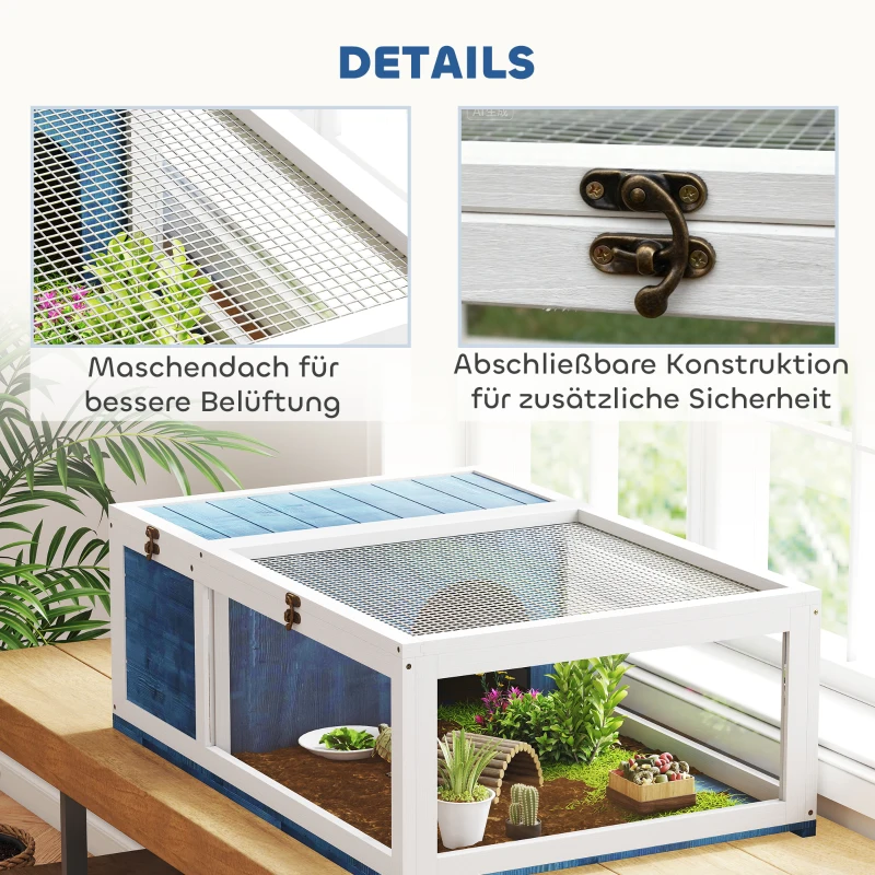 PawHut Houten schildpaddenhuis schildpaddenverblijf met hoofdverblijf en opklapbare bovenkant 91x60,5x32 cm, Blauw(m-6)