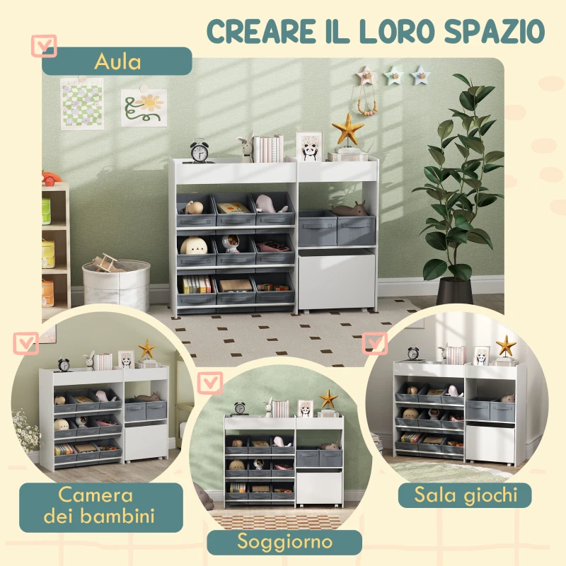 AIYAPLAY Mobile Portagiochi per Bambini con 11 Cestini in Tessuto, Armadietto e Ripiani, 105x30x80 cm, Bianco