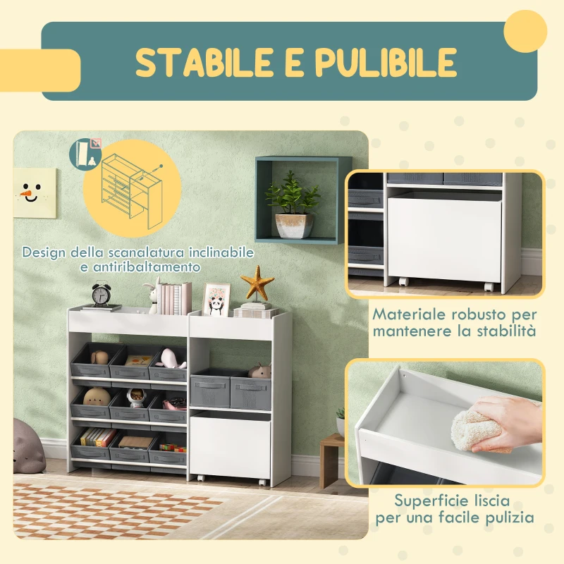 AIYAPLAY Mobile Portagiochi per Bambini con 11 Cestini in Tessuto, Armadietto e Ripiani, 105x30x80 cm, Bianco