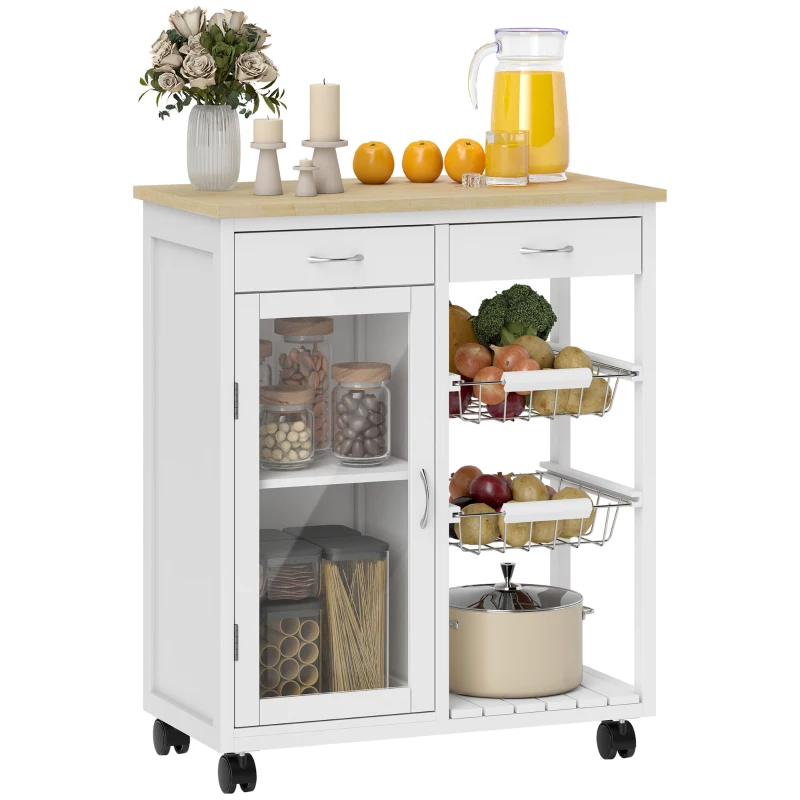 HOMCOM Carro de Cocina en Bambú con 2 Cajones, Armario, Estante y 2 Cestas de Acero, 67x35x80 cm, Blanco