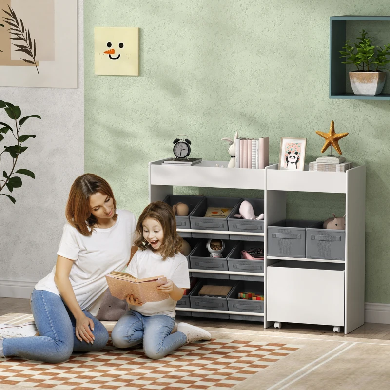AIYAPLAY Mobile Portagiochi per Bambini con 11 Cestini in Tessuto, Armadietto e Ripiani, 105x30x80 cm, Bianco