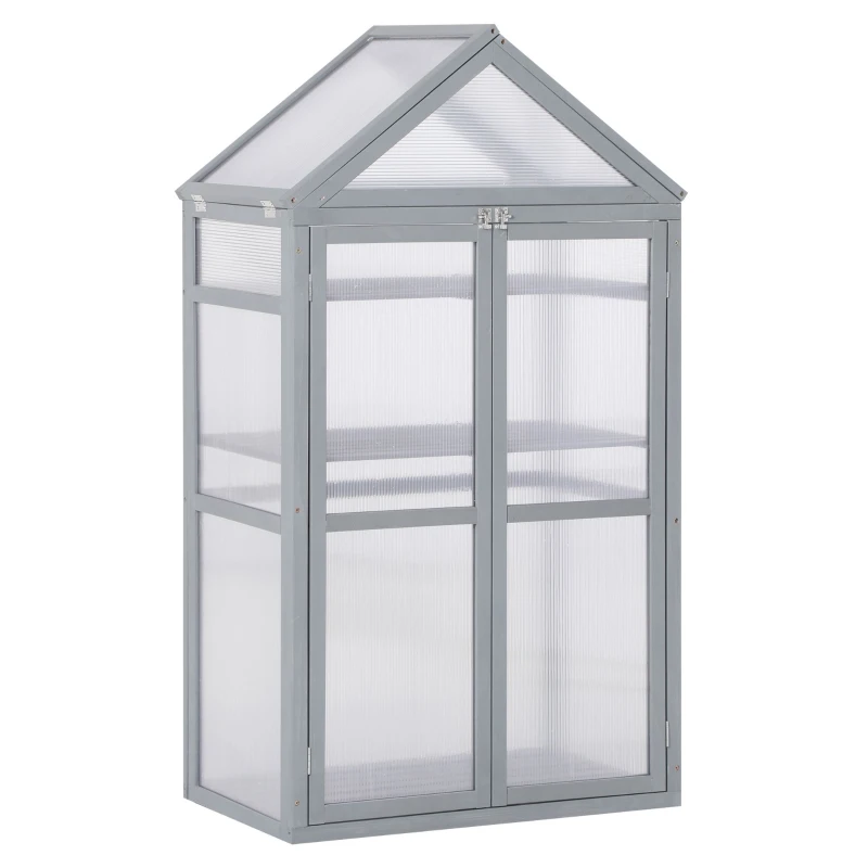 Outsunny 80 x 47 x 138cm Garden Cold Frame with Adjustable Shelves, Polycarbonate Greenhouse with Double Doors, Openable Top Covers, Grow House for Flower Vegetable Plants, Grey