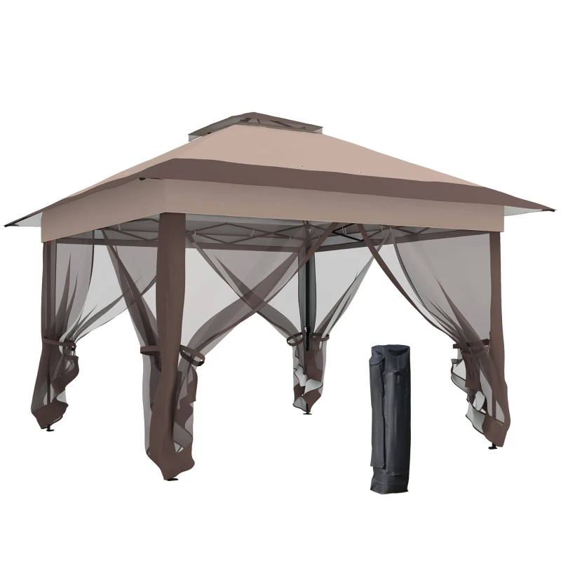 Outsunny 3.6 x 3.6 m Pop up Gazebo with Netting, Height Adjustable Party Tent Instant Canopy Sun Shade Shelter, Khaki
