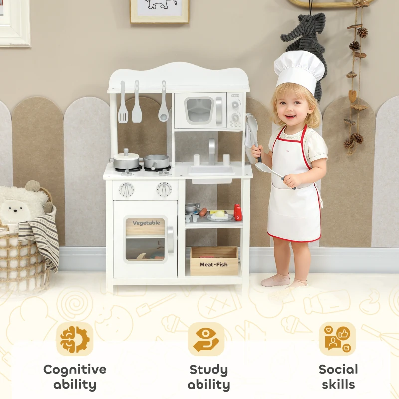 AIYAPLAY Holz-Spielküche mit Geräuschen Zubehör Spüle und Mikrowelle für Kinder ab 3 Jahren Weiß
