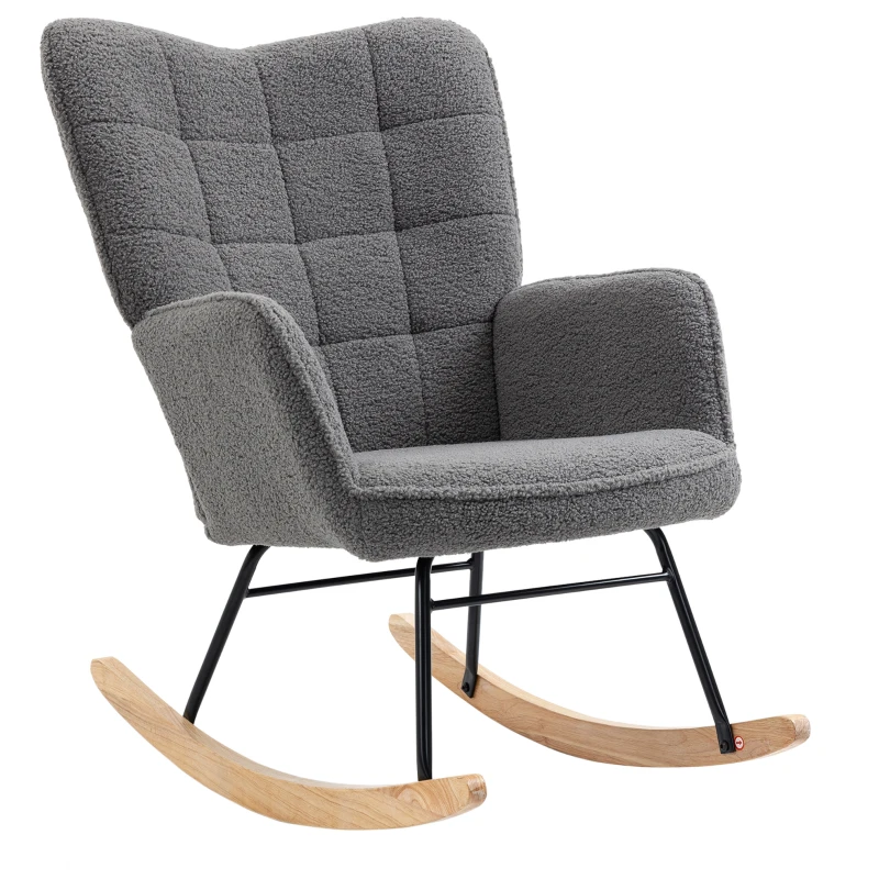 HOMCOM Accent Rocking Chair, Upholstered Berber Fleece Nursery Glider Rocker, Modern Armchair, Wingback Chair for Living Room and Bedroom, Dark Grey(m-11)