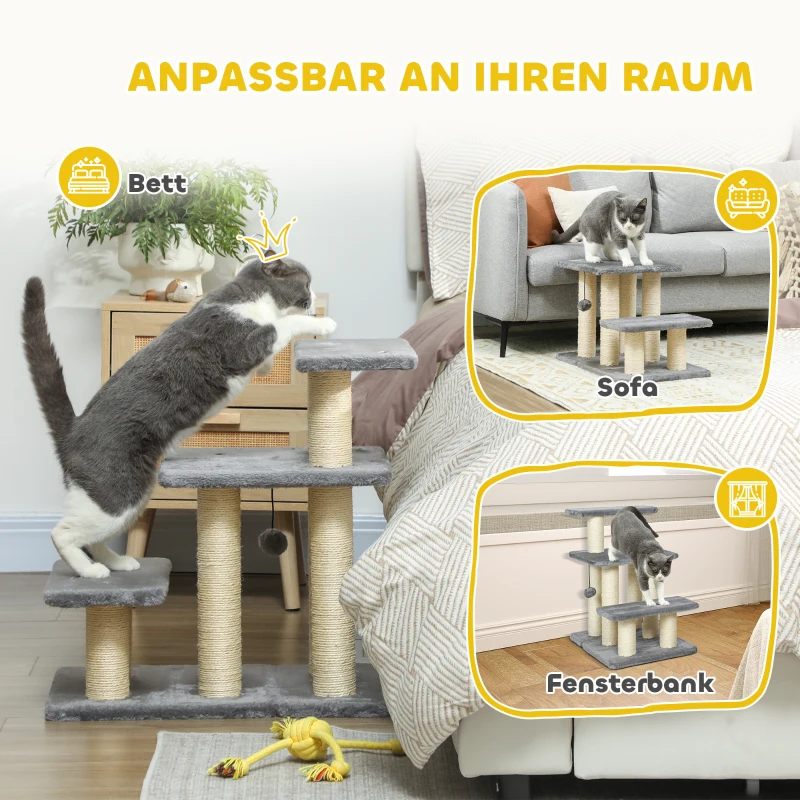 PawHut Hondentrap 3 treden 54 cm Hoog Huisdiertrap voor Kleine Honden Kattentrap met Sisal Krabpaal, Speelbal