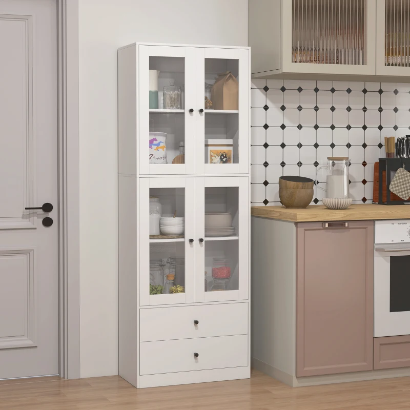 HOMCOM Armário de Cozinha Alto Móvel Auxiliar de Cozinha com 4 Portas de Vidro 2 Gavetas Prateleiras Ajustáveis 59x30x170 cm, Branco