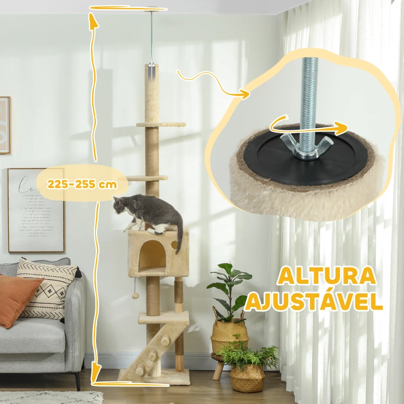 PawHut Arranhador para Gatos do Chão ao Teto de 225-265 cm  com Altura Ajustável Múltiplas Plataformas Escada Bola Suspensa Bege