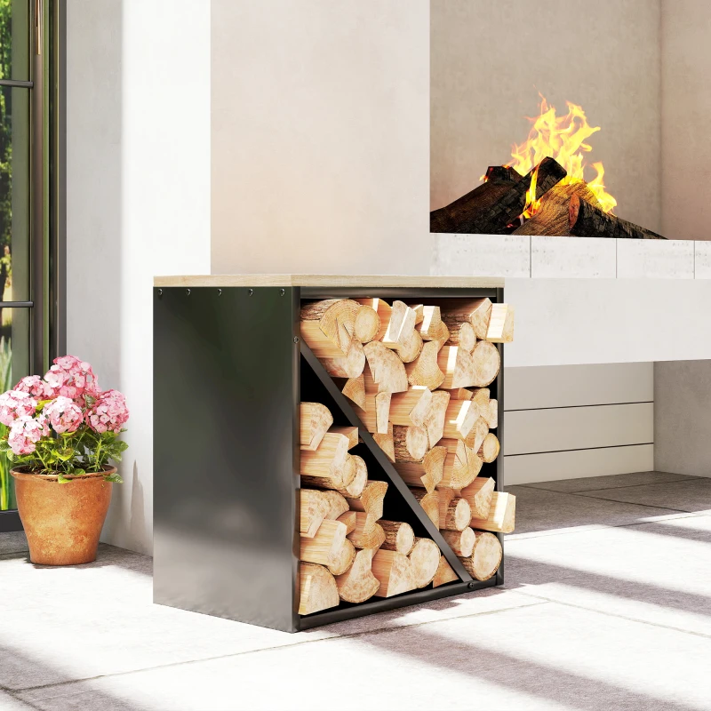 Outsunny 2-in-1 haardhoutrek voor binnen 58 x 36 x 60 cm verhoogd brandhoutrek met scheider metaal zwart(m-9)