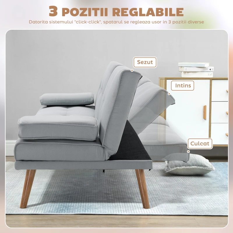 HOMCOM Canapea Pat cu Spătar Reglabil 3 Trepte, Tapițerie din In, Suport Pahare și Măsuță Rabatabilă, Picioare din Lemn, gri deschis(m-5)