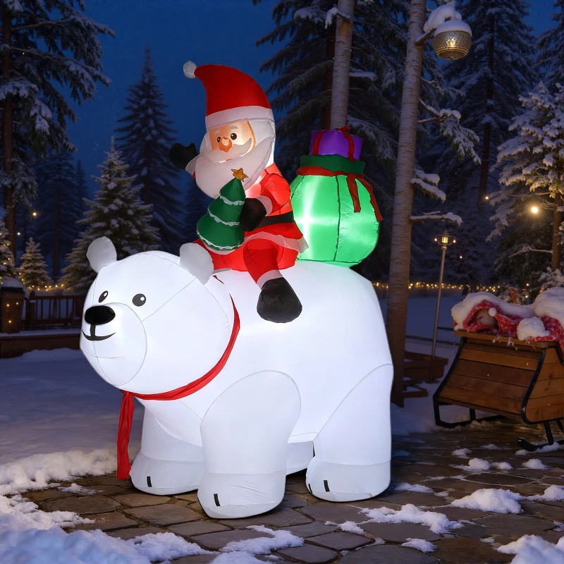 Outsunny Babbo Natale gonfiabile su orso polare 200 cm, 5 luci LED, per interno e esterno, bianco