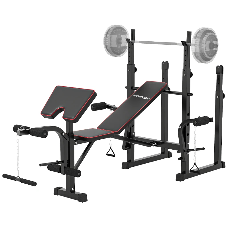 SPORTNOW Weight Bench with Two Barbell Racks, Leg Curl Machine, Preacher Curl Bench, Black