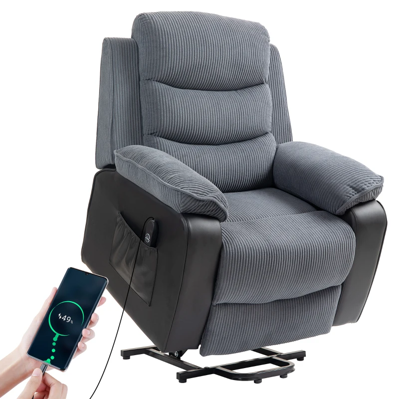 HOMCOM Overstuffed Corduroy Electric Lift Chair - Dark Grey