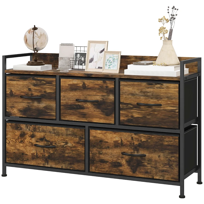 HOMCOM Commode, meuble de rangement avec 5 tiroirs en tissu pliables, plateau et cadre en acier, 98 x 29 x 63 cm, brun rustique