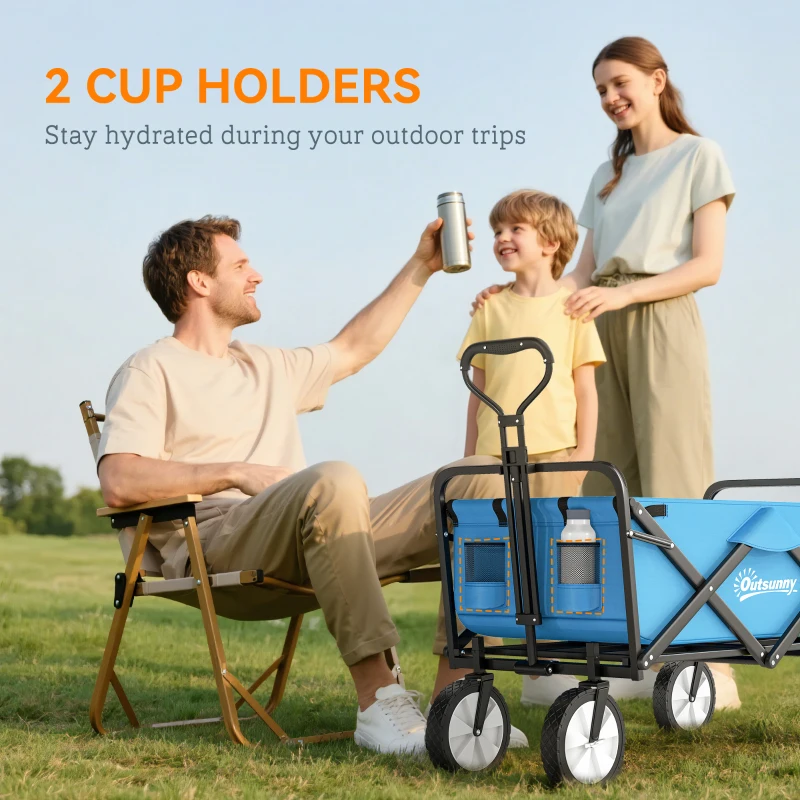 Outsunny 90L Folding Garden Trolley Cart Pull Along Wagon with Telescopic Handle for Beach Camping Festival - Blue