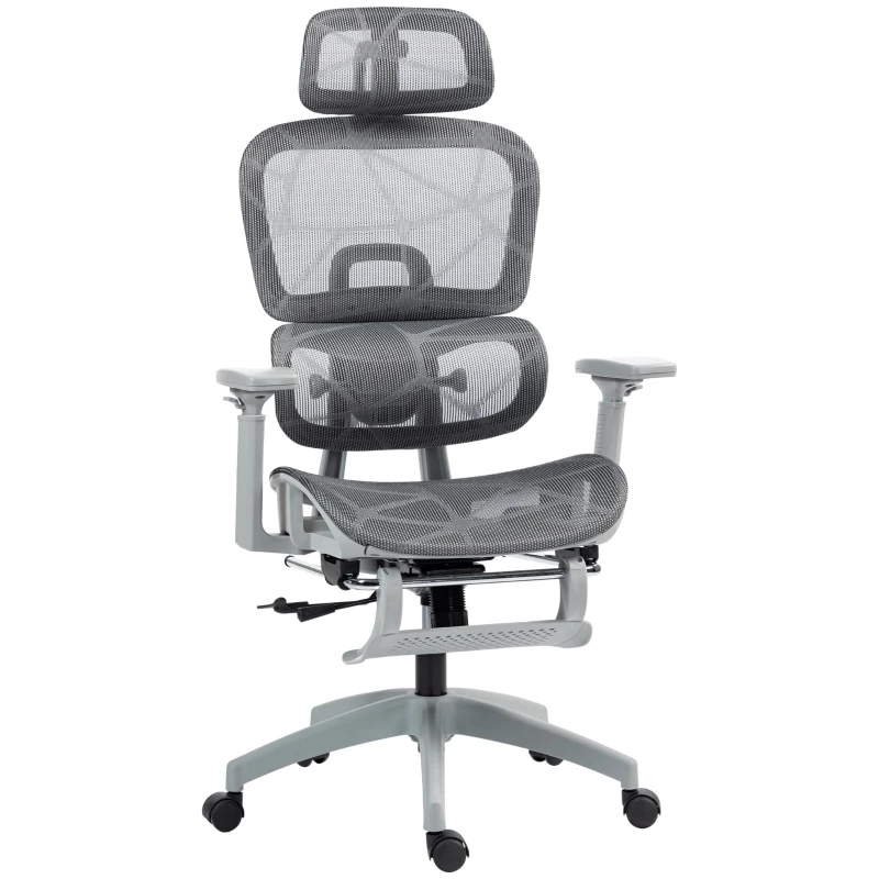 HOMCOM Krzesło biurowe, Ergonomiczne krzesło do biurka z tapicerką z siatki, regulowane, na kółkach, z podłokietnikami, zagłówkiem, Szary