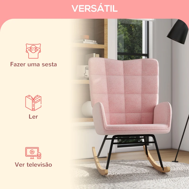 HOMCOM Poltrona Baloiço em Borrego com Oscilação de 40° Pés de Madeira de Faia e Estrutura de Aço 71x98x101 cm Rosa